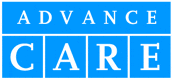A blue and white logo for advanc care