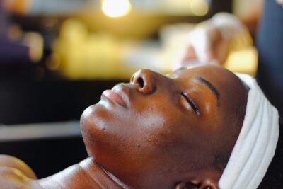 Close-up of client resting during facial
